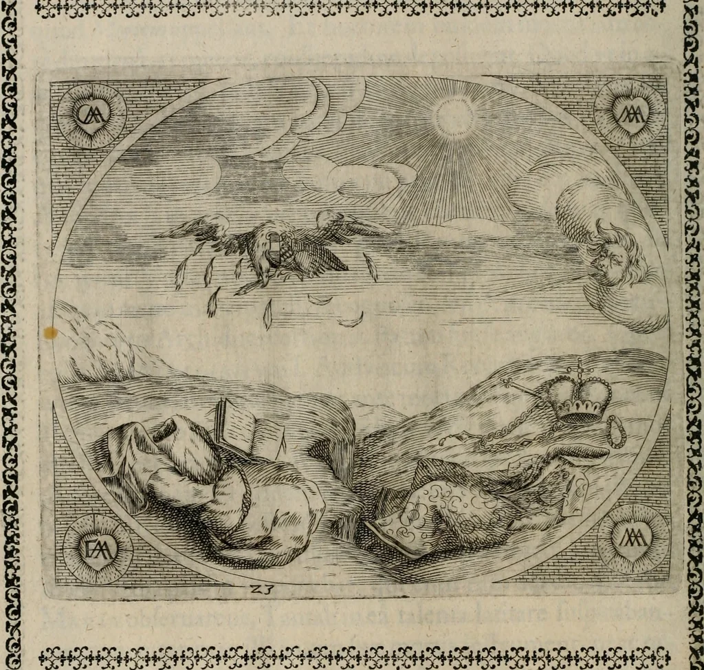 An illustration from Fama postuma, de virtutibus heroicis : quibus serenissima princeps ac domina D. Maria Archidux Austriae, Rheni Palatina vtriusque Bauariae Dux, et serenissimi quondam principis ac domini D. Caroli Archducis Austriae, Burgundiae, Styriae, Carinthiae, Carniolae Ducis Coniux, postea vidua augustam memoriae semper foelicis immortalitatem viuens moriens meruit, 1609, leaf 99