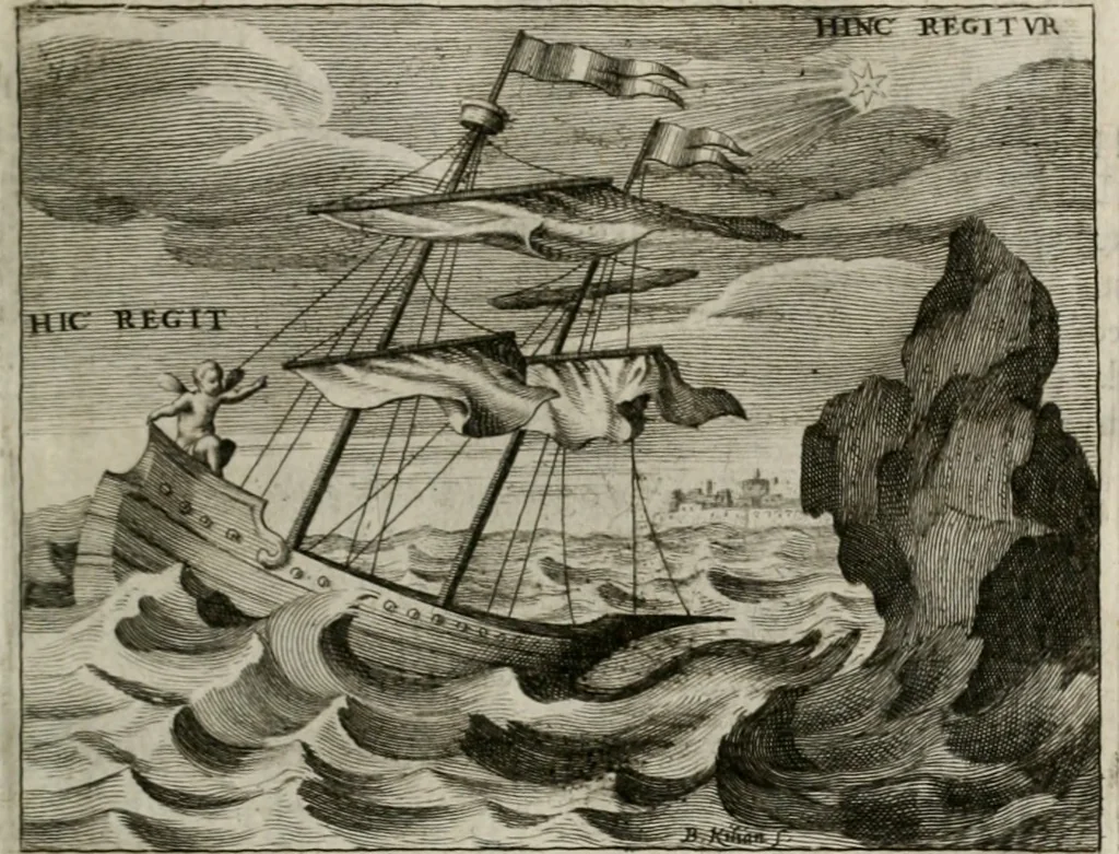 An illustration from Fama prognostica : ad cunas serenissimi principis Maximiliani Emmanuelis ... domini Ferdinandi Mariæ ... et serenissimæ principis ac D. dominæ Henrietæ Adeleidis ... filii, 1662, leaf 32