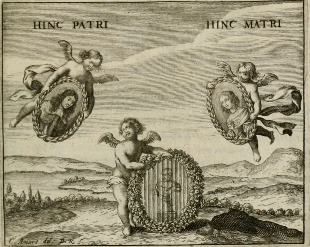 An illustration from Fama prognostica : ad cunas serenissimi principis Maximiliani Emmanuelis ... domini Ferdinandi Mariæ ... et serenissimæ principis ac D. dominæ Henrietæ Adeleidis ... filii, 1662, leaf 44
