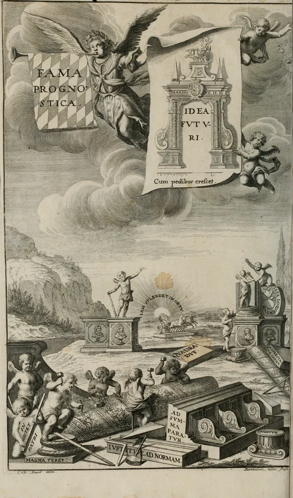 An illustration from Fama prognostica : ad cunas serenissimi principis Maximiliani Emmanuelis ... domini Ferdinandi Mariæ ... et serenissimæ principis ac D. dominæ Henrietæ Adeleidis ... filii, 1662, leaf 5