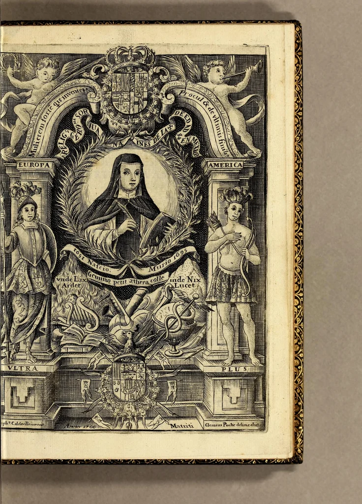 An illustration from Fama, y obras posthumas del fenix de Mexico, decima musa, poetisa americana, Sor Juana Ines de la Cruz, religiosa professa en el convento de San Geronimo de la imperial ciudad de Mexico; : consagralas a la Magestad Catholica de la reyna nuestra señora doña Mariana de Neoburg Baviera Palatina del Rhin, por mano de la Excma. señora doña Juana de Aragon y Cortès, duquesa de Monteleon, y Terra-Nova, marquesa del Valle de Goaxaca, &c., 1700, leaf 9