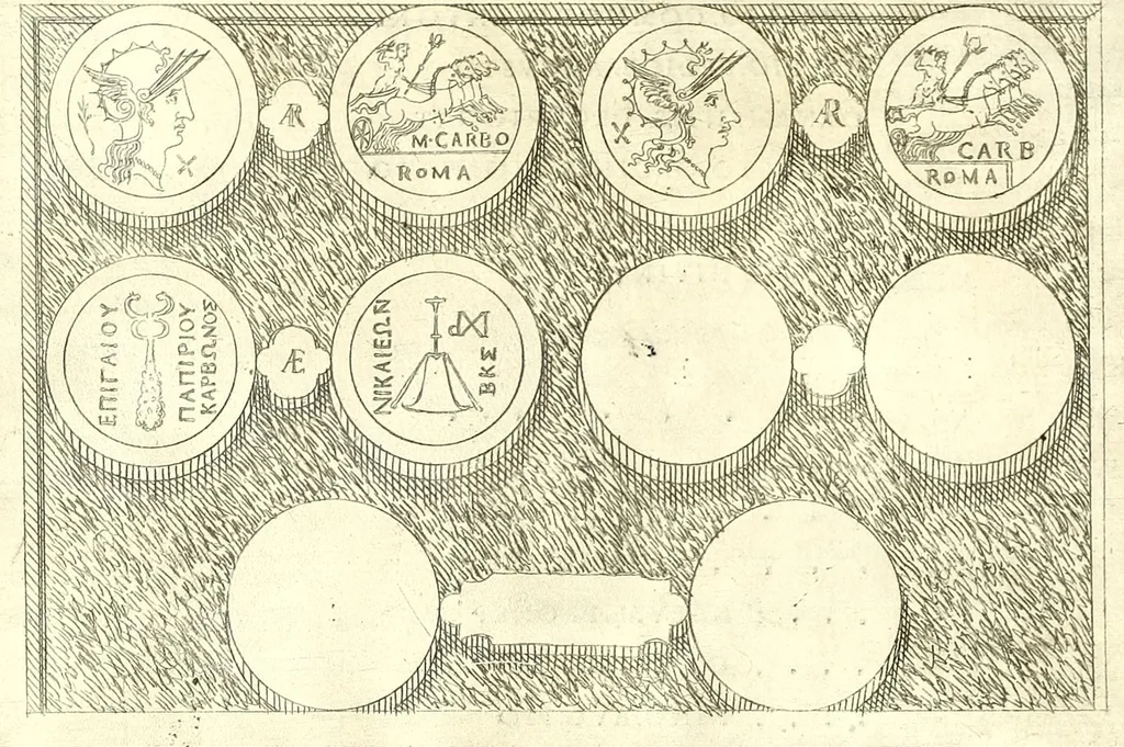 An illustration from Familiae romanae qvae reperivntvr in antiqvis nvmismatibvs ab vrbe condita ad tempora divi Avgusti : ex bibliotheca Fvlvi Vrsini : adivnctis familiis xxx ex libro Antoni Avgvstini ep. illerdensis, 1577, leaf 198