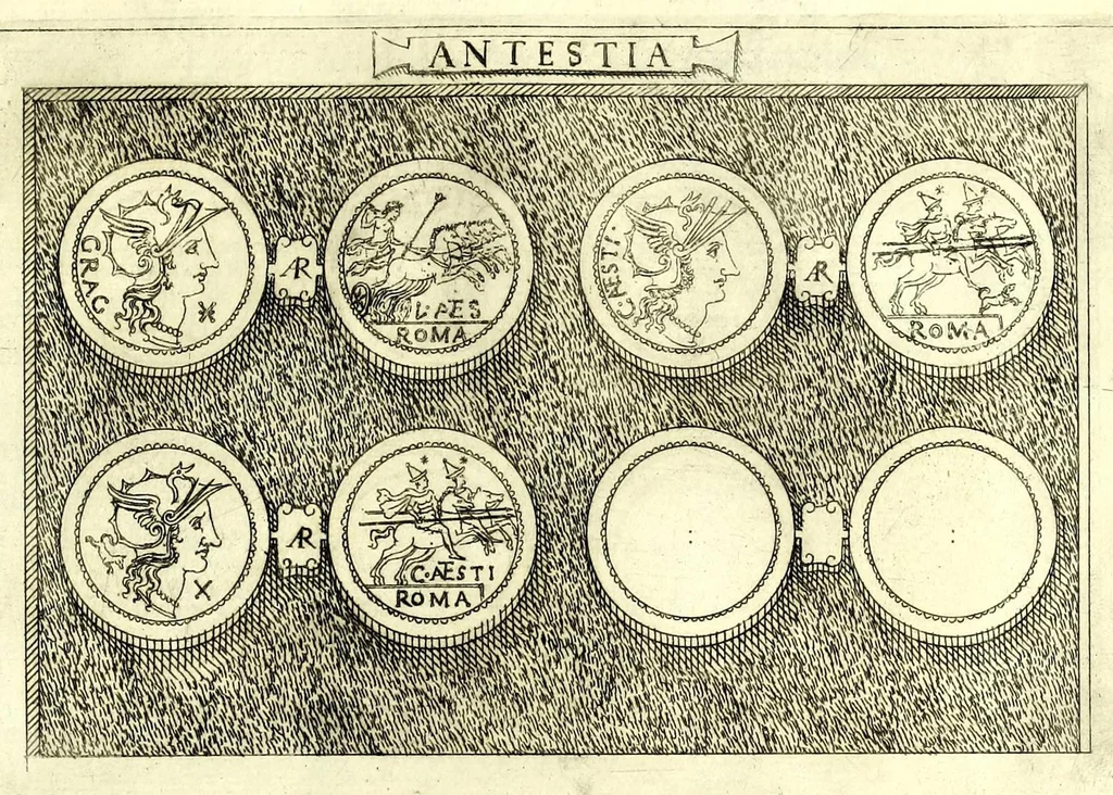 An illustration from Familiae romanae qvae reperivntvr in antiqvis nvmismatibvs ab vrbe condita ad tempora divi Avgusti : ex bibliotheca Fvlvi Vrsini : adivnctis familiis xxx ex libro Antoni Avgvstini ep. illerdensis, 1577, leaf 27