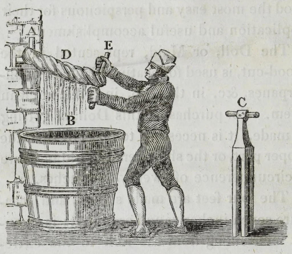 An illustration from The family dyer and scourer : being a complete treatise on the arts of dying and cleaning every article of dress, bed and window furniture, silks, bonnets, feathers, &c., whether made of flax, silk, cotton, wool, or hair : also, carpets, counterpanes, and hearth-rugs, ensuring a saving of eighty per cent, 1818, leaf 24
