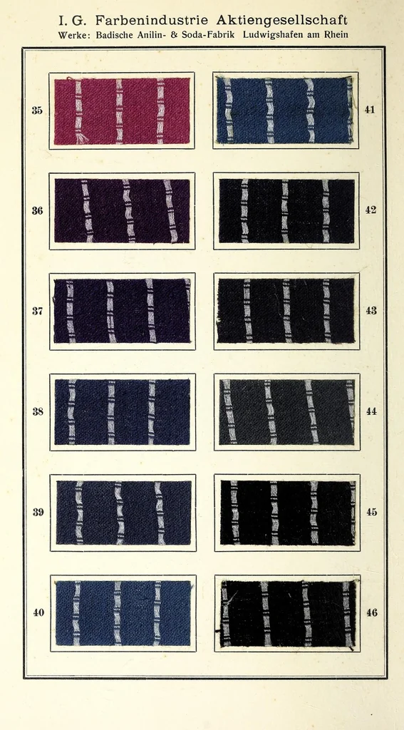 An illustration from Farbstoffe für Acetatseide und für Mischgewebe aus Baumwolle + Acetatseide sowie Kunstseide + Acetatseide + Seide : Zwei- und Dreifarbeneffekte, 1930, leaf 30