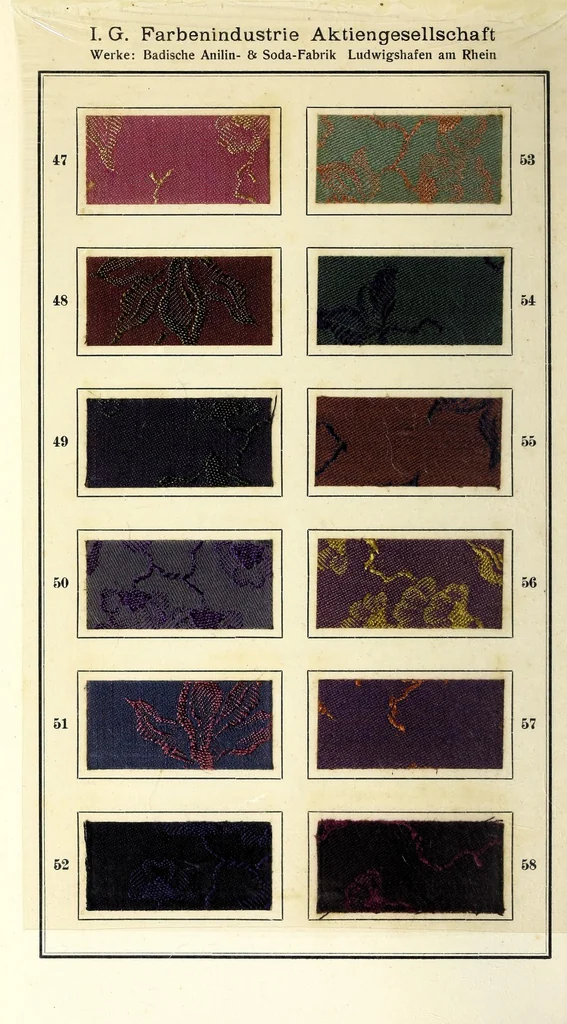 An illustration from Farbstoffe für Acetatseide und für Mischgewebe aus Baumwolle + Acetatseide sowie Kunstseide + Acetatseide + Seide : Zwei- und Dreifarbeneffekte, 1930, leaf 32