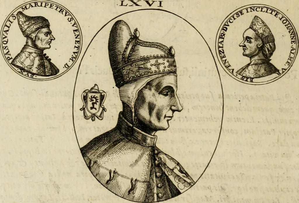 An illustration from Fasti ducales ab Anafesto I. ad Silvestrum Valerium Venetorum ducem : cum eorum iconibus, insignibus, nummismatibus publicis, & privatis aere sculptis : inscriptionibus ex aula M. Consilii, ac sepulchralibus : adiectae sunt adnotationes, ad vitam cuiusque principis, rerum, quae omissae fuerant, 1696, leaf 171