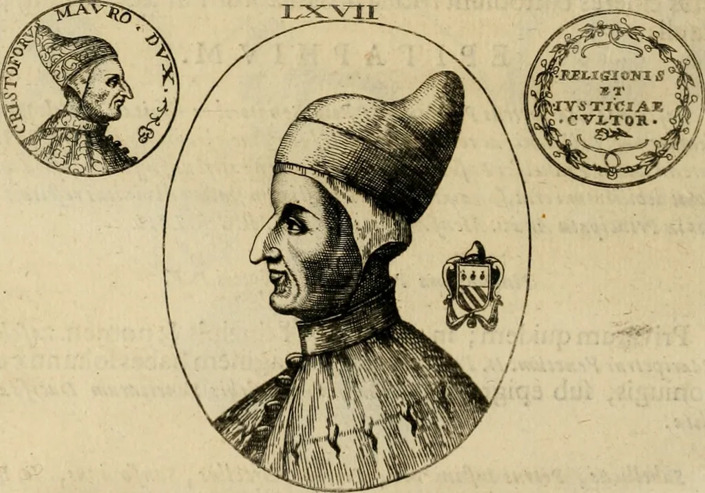 An illustration from Fasti ducales ab Anafesto I. ad Silvestrum Valerium Venetorum ducem : cum eorum iconibus, insignibus, nummismatibus publicis, & privatis aere sculptis : inscriptionibus ex aula M. Consilii, ac sepulchralibus : adiectae sunt adnotationes, ad vitam cuiusque principis, rerum, quae omissae fuerant, 1696, leaf 173