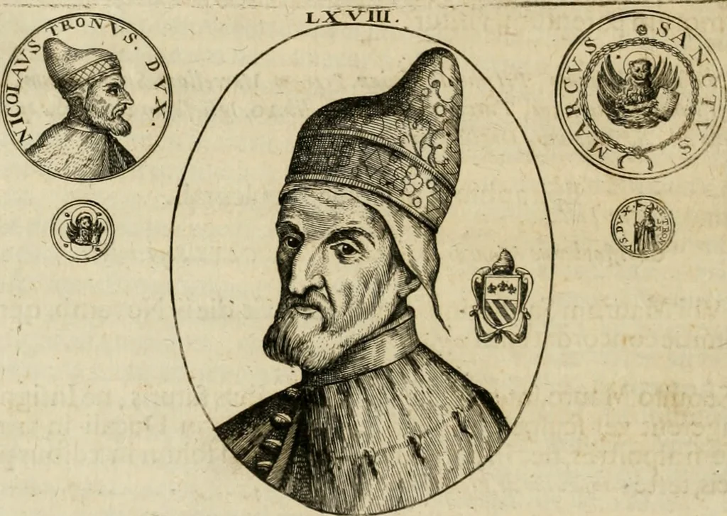 An illustration from Fasti ducales ab Anafesto I. ad Silvestrum Valerium Venetorum ducem : cum eorum iconibus, insignibus, nummismatibus publicis, & privatis aere sculptis : inscriptionibus ex aula M. Consilii, ac sepulchralibus : adiectae sunt adnotationes, ad vitam cuiusque principis, rerum, quae omissae fuerant, 1696, leaf 179