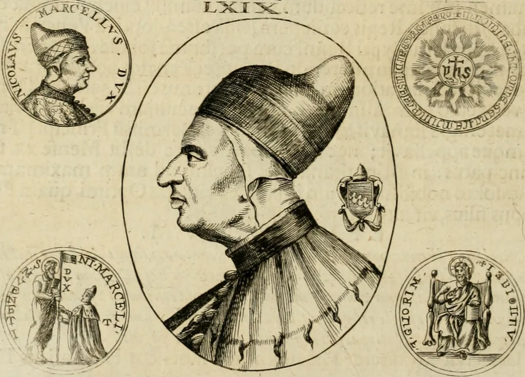 An illustration from Fasti ducales ab Anafesto I. ad Silvestrum Valerium Venetorum ducem : cum eorum iconibus, insignibus, nummismatibus publicis, & privatis aere sculptis : inscriptionibus ex aula M. Consilii, ac sepulchralibus : adiectae sunt adnotationes, ad vitam cuiusque principis, rerum, quae omissae fuerant, 1696, leaf 181