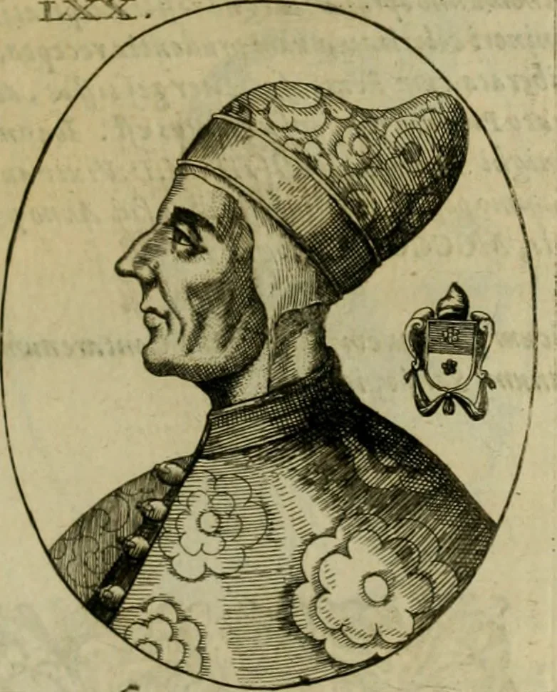 An illustration from Fasti ducales ab Anafesto I. ad Silvestrum Valerium Venetorum ducem : cum eorum iconibus, insignibus, nummismatibus publicis, & privatis aere sculptis : inscriptionibus ex aula M. Consilii, ac sepulchralibus : adiectae sunt adnotationes, ad vitam cuiusque principis, rerum, quae omissae fuerant, 1696, leaf 184
