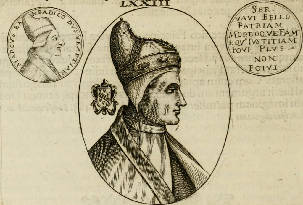 An illustration from Fasti ducales ab Anafesto I. ad Silvestrum Valerium Venetorum ducem : cum eorum iconibus, insignibus, nummismatibus publicis, & privatis aere sculptis : inscriptionibus ex aula M. Consilii, ac sepulchralibus : adiectae sunt adnotationes, ad vitam cuiusque principis, rerum, quae omissae fuerant, 1696, leaf 191