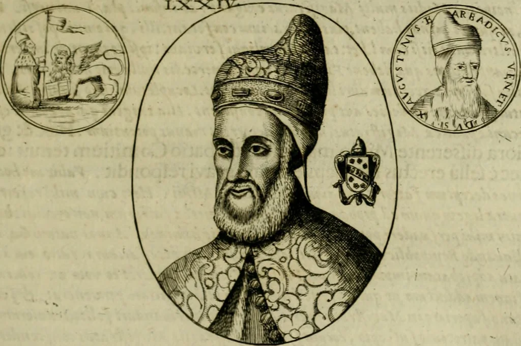 An illustration from Fasti ducales ab Anafesto I. ad Silvestrum Valerium Venetorum ducem : cum eorum iconibus, insignibus, nummismatibus publicis, & privatis aere sculptis : inscriptionibus ex aula M. Consilii, ac sepulchralibus : adiectae sunt adnotationes, ad vitam cuiusque principis, rerum, quae omissae fuerant, 1696, leaf 198