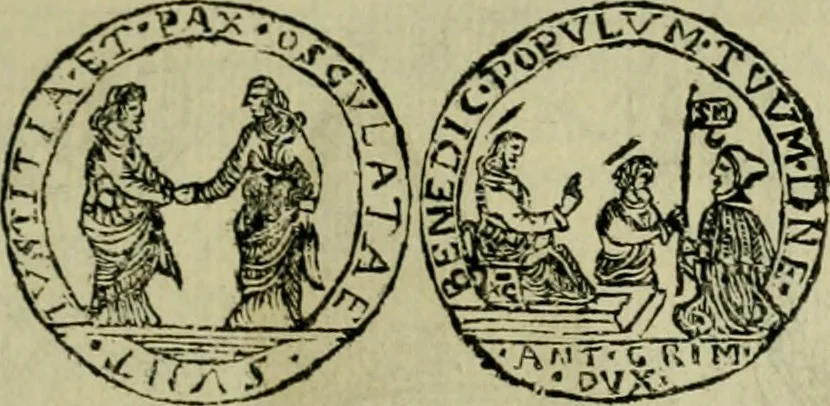An illustration from Fasti ducales ab Anafesto I. ad Silvestrum Valerium Venetorum ducem : cum eorum iconibus, insignibus, nummismatibus publicis, & privatis aere sculptis : inscriptionibus ex aula M. Consilii, ac sepulchralibus : adiectae sunt adnotationes, ad vitam cuiusque principis, rerum, quae omissae fuerant, 1696, leaf 208