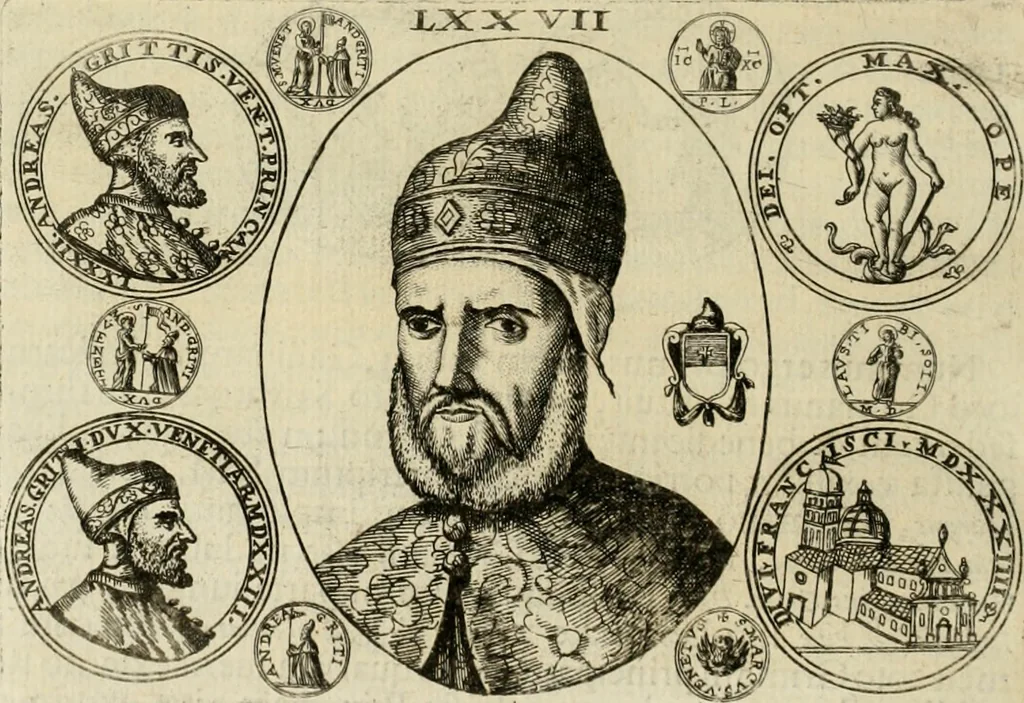 An illustration from Fasti ducales ab Anafesto I. ad Silvestrum Valerium Venetorum ducem : cum eorum iconibus, insignibus, nummismatibus publicis, & privatis aere sculptis : inscriptionibus ex aula M. Consilii, ac sepulchralibus : adiectae sunt adnotationes, ad vitam cuiusque principis, rerum, quae omissae fuerant, 1696, leaf 209