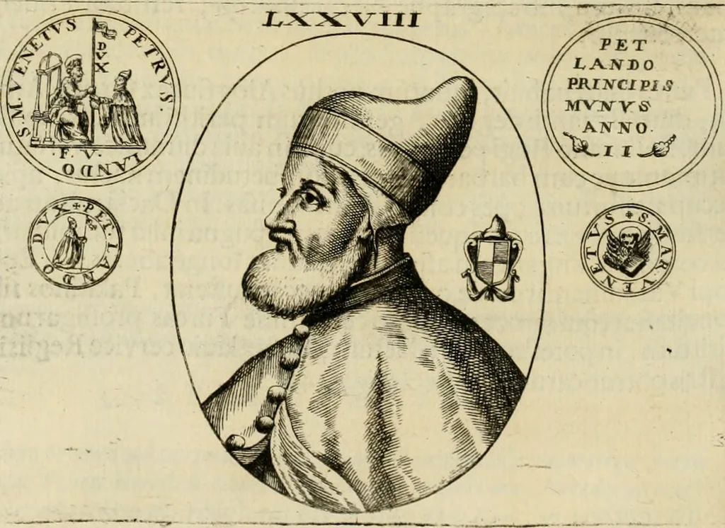 An illustration from Fasti ducales ab Anafesto I. ad Silvestrum Valerium Venetorum ducem : cum eorum iconibus, insignibus, nummismatibus publicis, & privatis aere sculptis : inscriptionibus ex aula M. Consilii, ac sepulchralibus : adiectae sunt adnotationes, ad vitam cuiusque principis, rerum, quae omissae fuerant, 1696, leaf 213