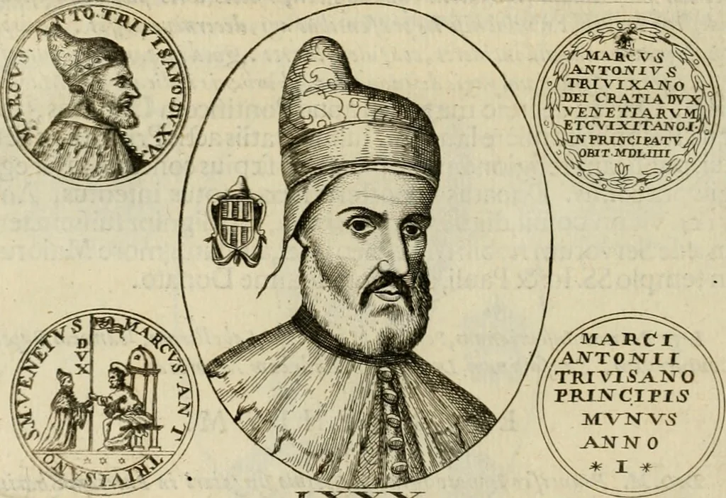 An illustration from Fasti ducales ab Anafesto I. ad Silvestrum Valerium Venetorum ducem : cum eorum iconibus, insignibus, nummismatibus publicis, & privatis aere sculptis : inscriptionibus ex aula M. Consilii, ac sepulchralibus : adiectae sunt adnotationes, ad vitam cuiusque principis, rerum, quae omissae fuerant, 1696, leaf 217
