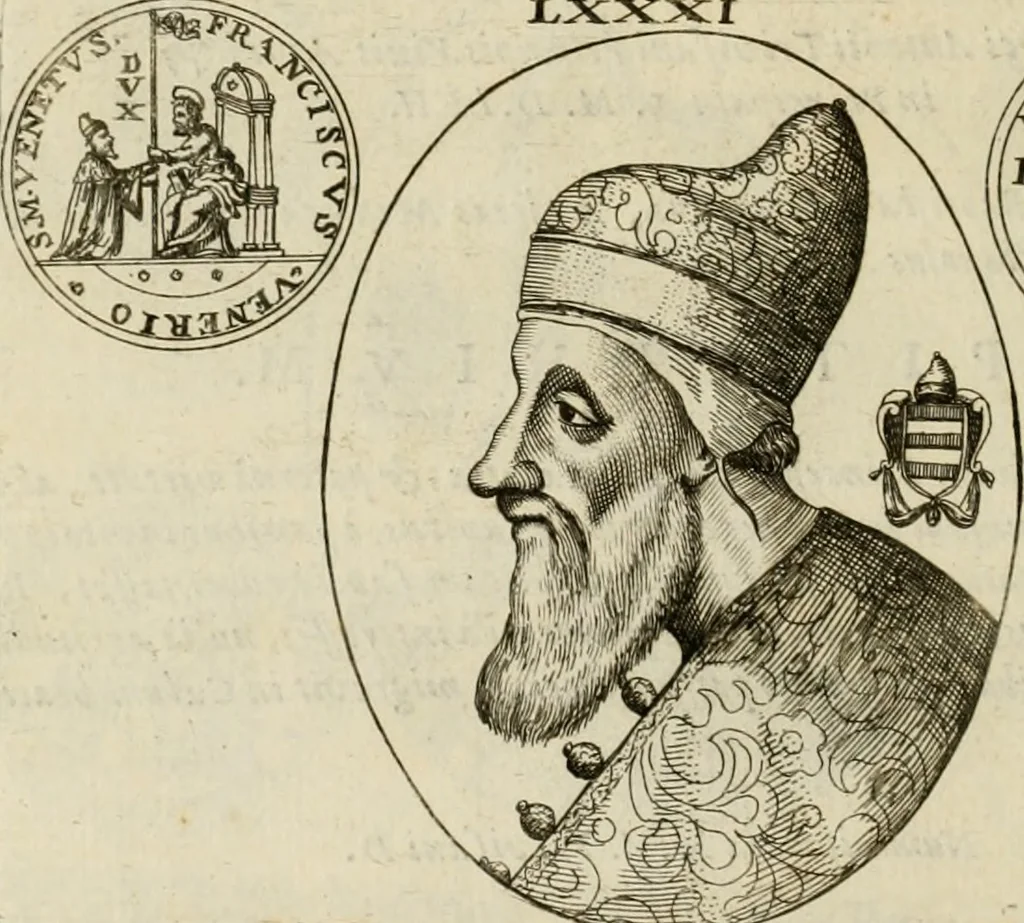An illustration from Fasti ducales ab Anafesto I. ad Silvestrum Valerium Venetorum ducem : cum eorum iconibus, insignibus, nummismatibus publicis, & privatis aere sculptis : inscriptionibus ex aula M. Consilii, ac sepulchralibus : adiectae sunt adnotationes, ad vitam cuiusque principis, rerum, quae omissae fuerant, 1696, leaf 219