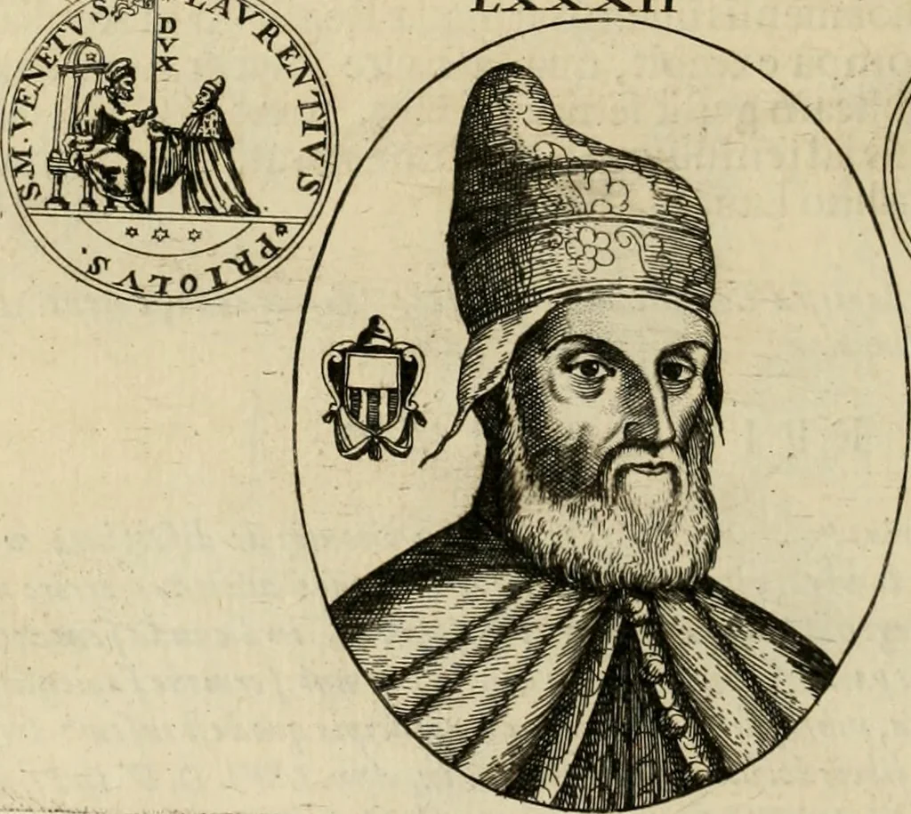 An illustration from Fasti ducales ab Anafesto I. ad Silvestrum Valerium Venetorum ducem : cum eorum iconibus, insignibus, nummismatibus publicis, & privatis aere sculptis : inscriptionibus ex aula M. Consilii, ac sepulchralibus : adiectae sunt adnotationes, ad vitam cuiusque principis, rerum, quae omissae fuerant, 1696, leaf 221