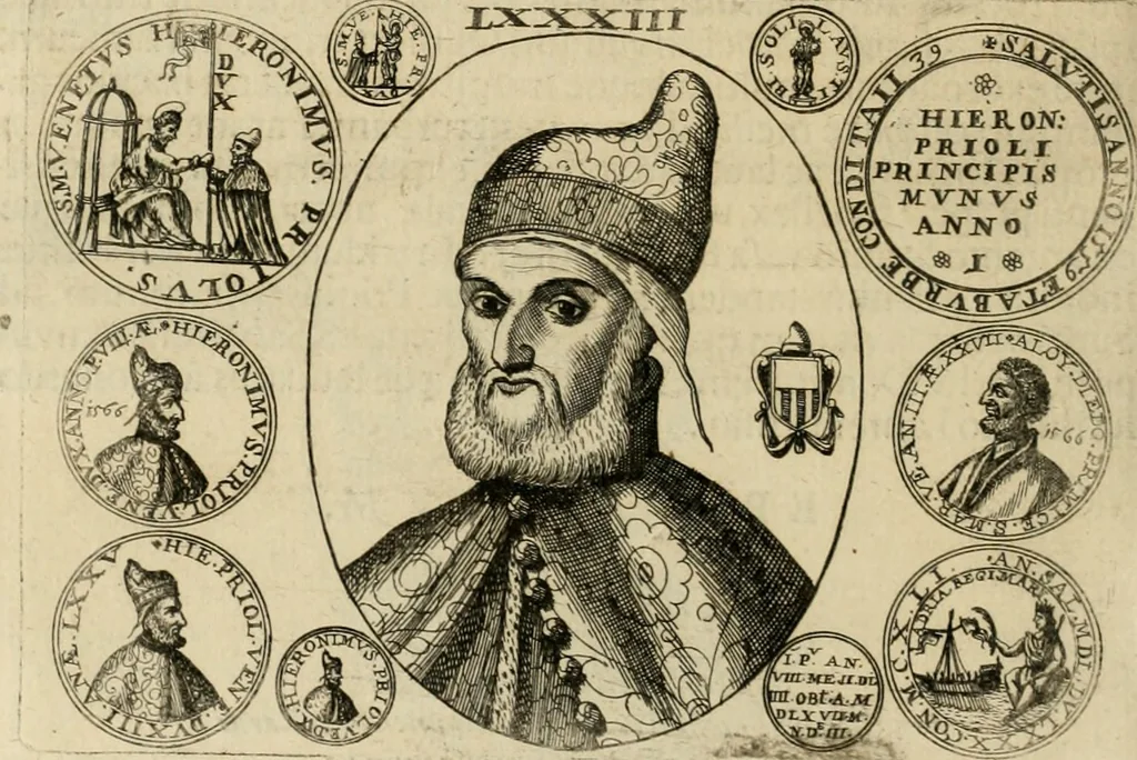 An illustration from Fasti ducales ab Anafesto I. ad Silvestrum Valerium Venetorum ducem : cum eorum iconibus, insignibus, nummismatibus publicis, & privatis aere sculptis : inscriptionibus ex aula M. Consilii, ac sepulchralibus : adiectae sunt adnotationes, ad vitam cuiusque principis, rerum, quae omissae fuerant, 1696, leaf 223