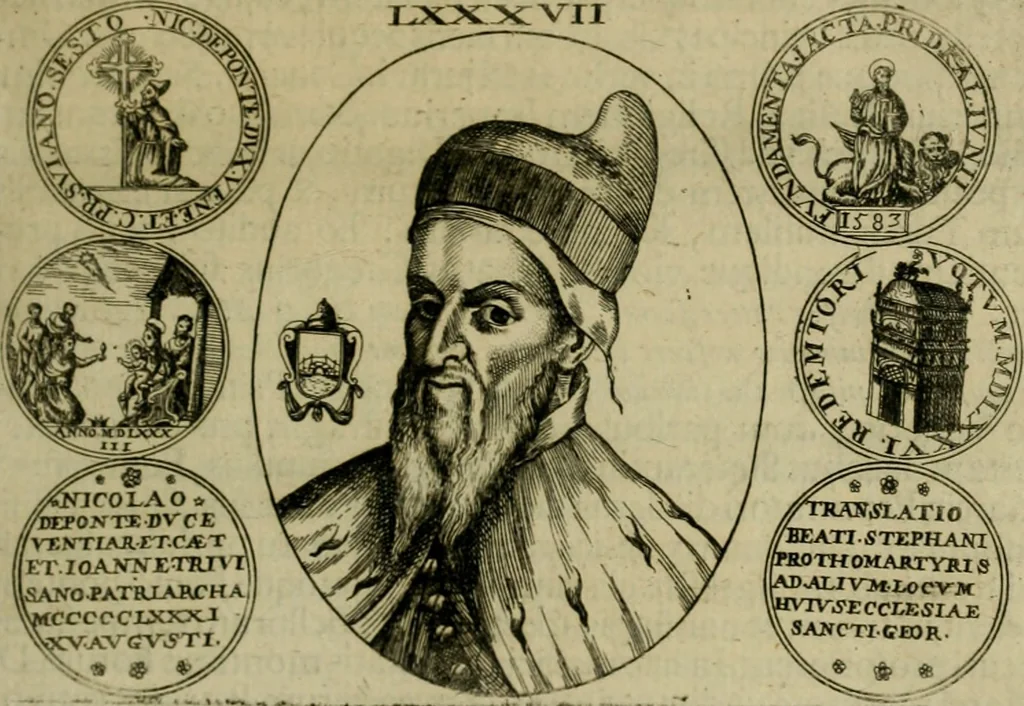 An illustration from Fasti ducales ab Anafesto I. ad Silvestrum Valerium Venetorum ducem : cum eorum iconibus, insignibus, nummismatibus publicis, & privatis aere sculptis : inscriptionibus ex aula M. Consilii, ac sepulchralibus : adiectae sunt adnotationes, ad vitam cuiusque principis, rerum, quae omissae fuerant, 1696, leaf 242