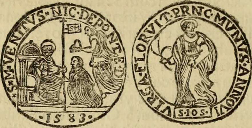 An illustration from Fasti ducales ab Anafesto I. ad Silvestrum Valerium Venetorum ducem : cum eorum iconibus, insignibus, nummismatibus publicis, & privatis aere sculptis : inscriptionibus ex aula M. Consilii, ac sepulchralibus : adiectae sunt adnotationes, ad vitam cuiusque principis, rerum, quae omissae fuerant, 1696, leaf 245