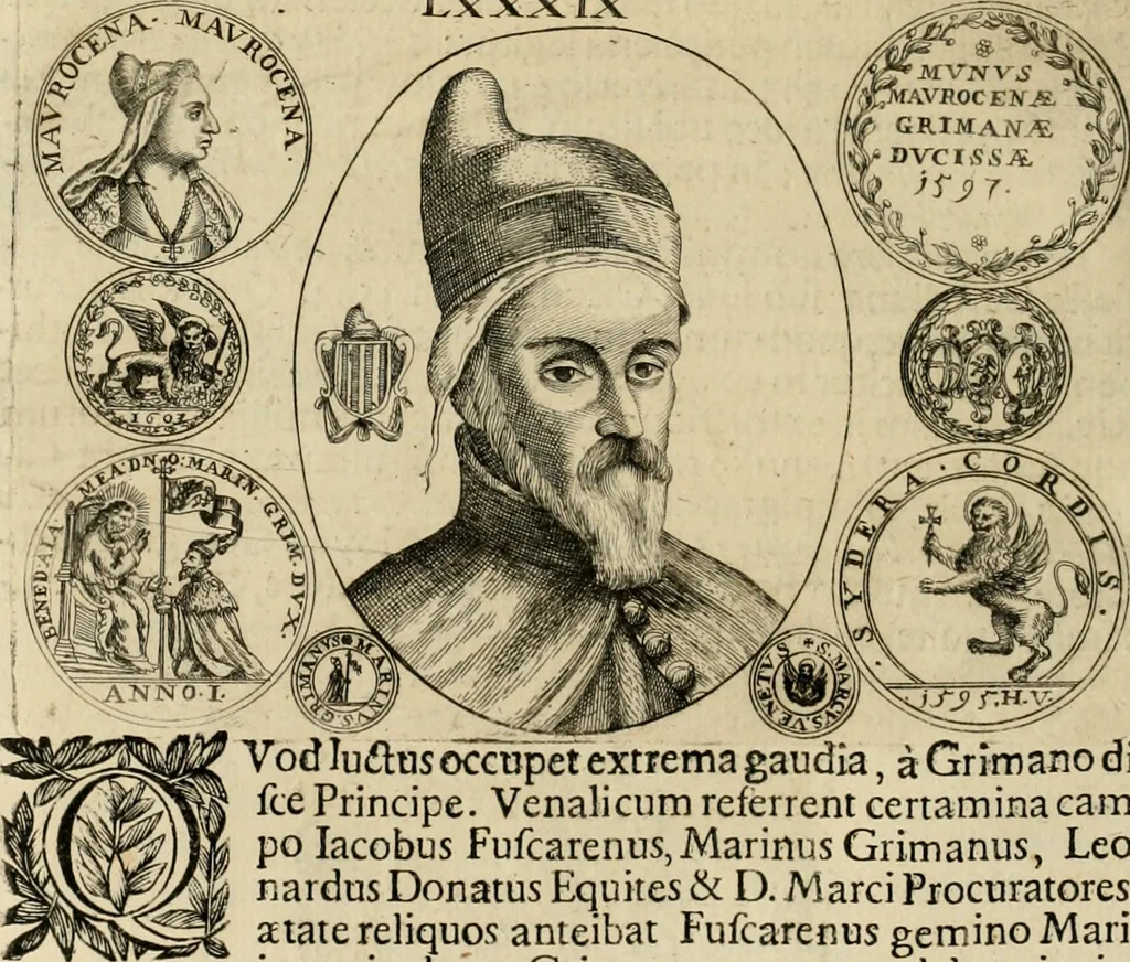 An illustration from Fasti ducales ab Anafesto I. ad Silvestrum Valerium Venetorum ducem : cum eorum iconibus, insignibus, nummismatibus publicis, & privatis aere sculptis : inscriptionibus ex aula M. Consilii, ac sepulchralibus : adiectae sunt adnotationes, ad vitam cuiusque principis, rerum, quae omissae fuerant, 1696, leaf 249