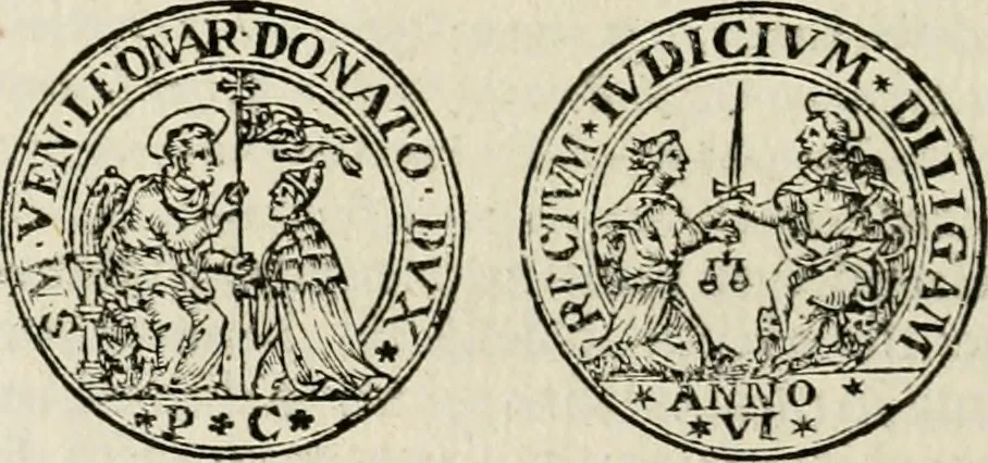 An illustration from Fasti ducales ab Anafesto I. ad Silvestrum Valerium Venetorum ducem : cum eorum iconibus, insignibus, nummismatibus publicis, & privatis aere sculptis : inscriptionibus ex aula M. Consilii, ac sepulchralibus : adiectae sunt adnotationes, ad vitam cuiusque principis, rerum, quae omissae fuerant, 1696, leaf 257