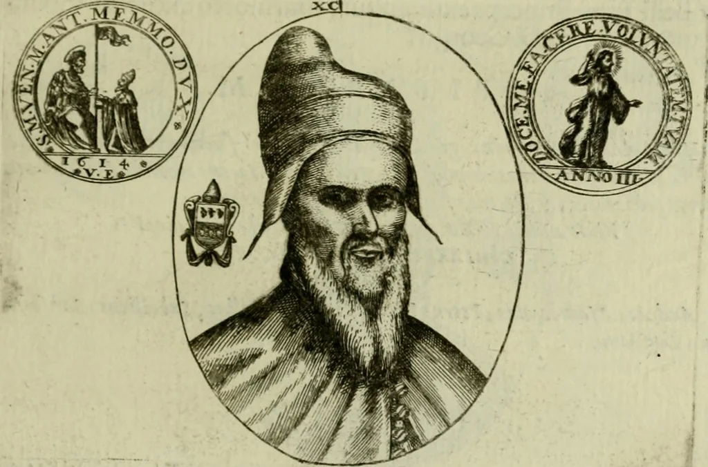An illustration from Fasti ducales ab Anafesto I. ad Silvestrum Valerium Venetorum ducem : cum eorum iconibus, insignibus, nummismatibus publicis, & privatis aere sculptis : inscriptionibus ex aula M. Consilii, ac sepulchralibus : adiectae sunt adnotationes, ad vitam cuiusque principis, rerum, quae omissae fuerant, 1696, leaf 258