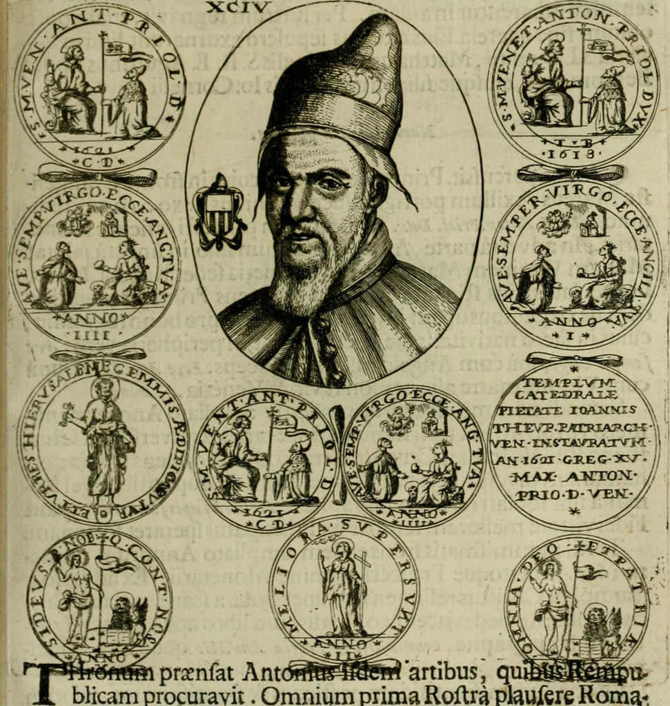 An illustration from Fasti ducales ab Anafesto I. ad Silvestrum Valerium Venetorum ducem : cum eorum iconibus, insignibus, nummismatibus publicis, & privatis aere sculptis : inscriptionibus ex aula M. Consilii, ac sepulchralibus : adiectae sunt adnotationes, ad vitam cuiusque principis, rerum, quae omissae fuerant, 1696, leaf 264