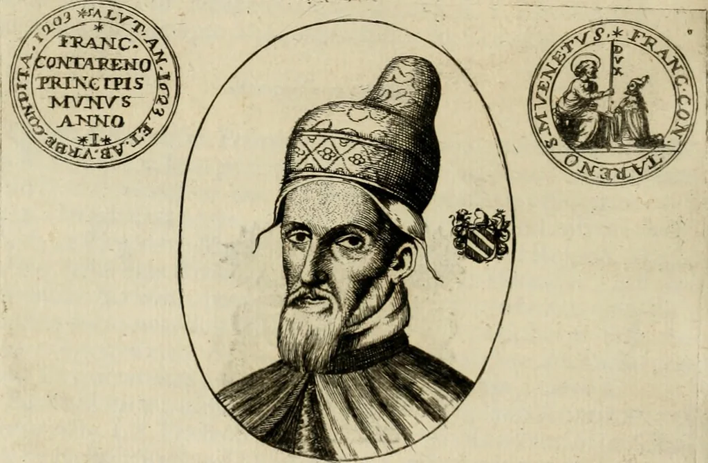 An illustration from Fasti ducales ab Anafesto I. ad Silvestrum Valerium Venetorum ducem : cum eorum iconibus, insignibus, nummismatibus publicis, & privatis aere sculptis : inscriptionibus ex aula M. Consilii, ac sepulchralibus : adiectae sunt adnotationes, ad vitam cuiusque principis, rerum, quae omissae fuerant, 1696, leaf 267