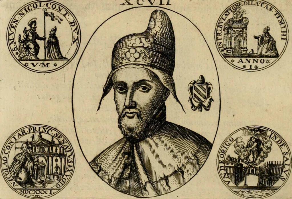 An illustration from Fasti ducales ab Anafesto I. ad Silvestrum Valerium Venetorum ducem : cum eorum iconibus, insignibus, nummismatibus publicis, & privatis aere sculptis : inscriptionibus ex aula M. Consilii, ac sepulchralibus : adiectae sunt adnotationes, ad vitam cuiusque principis, rerum, quae omissae fuerant, 1696, leaf 271