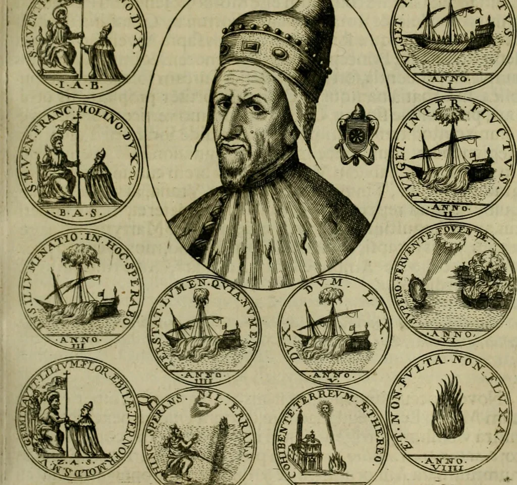 An illustration from Fasti ducales ab Anafesto I. ad Silvestrum Valerium Venetorum ducem : cum eorum iconibus, insignibus, nummismatibus publicis, & privatis aere sculptis : inscriptionibus ex aula M. Consilii, ac sepulchralibus : adiectae sunt adnotationes, ad vitam cuiusque principis, rerum, quae omissae fuerant, 1696, leaf 278