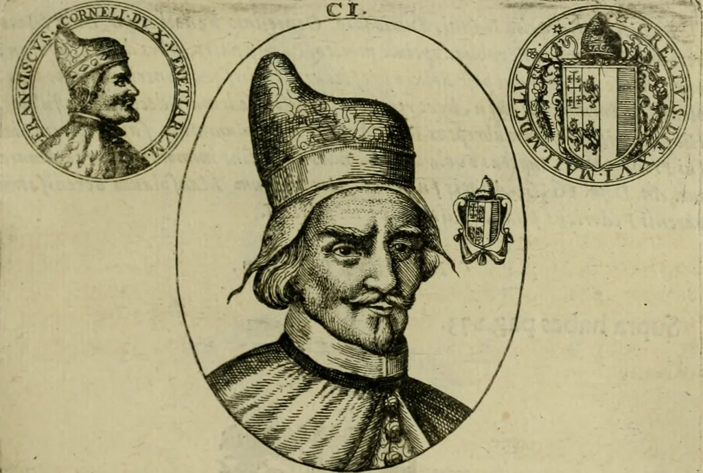 An illustration from Fasti ducales ab Anafesto I. ad Silvestrum Valerium Venetorum ducem : cum eorum iconibus, insignibus, nummismatibus publicis, & privatis aere sculptis : inscriptionibus ex aula M. Consilii, ac sepulchralibus : adiectae sunt adnotationes, ad vitam cuiusque principis, rerum, quae omissae fuerant, 1696, leaf 284