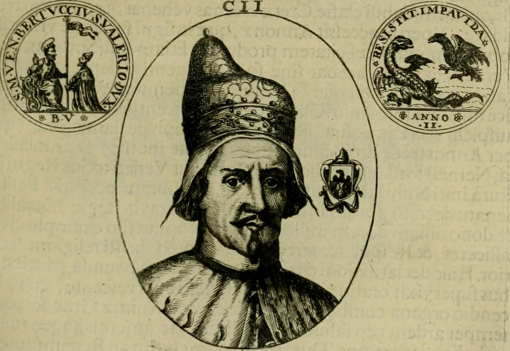 An illustration from Fasti ducales ab Anafesto I. ad Silvestrum Valerium Venetorum ducem : cum eorum iconibus, insignibus, nummismatibus publicis, & privatis aere sculptis : inscriptionibus ex aula M. Consilii, ac sepulchralibus : adiectae sunt adnotationes, ad vitam cuiusque principis, rerum, quae omissae fuerant, 1696, leaf 286