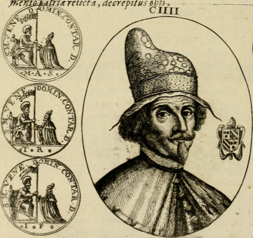 An illustration from Fasti ducales ab Anafesto I. ad Silvestrum Valerium Venetorum ducem : cum eorum iconibus, insignibus, nummismatibus publicis, & privatis aere sculptis : inscriptionibus ex aula M. Consilii, ac sepulchralibus : adiectae sunt adnotationes, ad vitam cuiusque principis, rerum, quae omissae fuerant, 1696, leaf 295