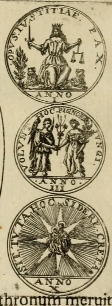 An illustration from Fasti ducales ab Anafesto I. ad Silvestrum Valerium Venetorum ducem : cum eorum iconibus, insignibus, nummismatibus publicis, & privatis aere sculptis : inscriptionibus ex aula M. Consilii, ac sepulchralibus : adiectae sunt adnotationes, ad vitam cuiusque principis, rerum, quae omissae fuerant, 1696, leaf 295