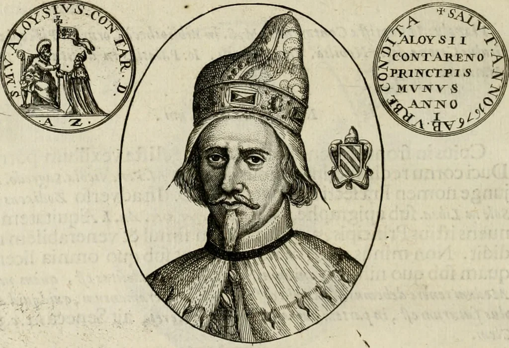 An illustration from Fasti ducales ab Anafesto I. ad Silvestrum Valerium Venetorum ducem : cum eorum iconibus, insignibus, nummismatibus publicis, & privatis aere sculptis : inscriptionibus ex aula M. Consilii, ac sepulchralibus : adiectae sunt adnotationes, ad vitam cuiusque principis, rerum, quae omissae fuerant, 1696, leaf 301