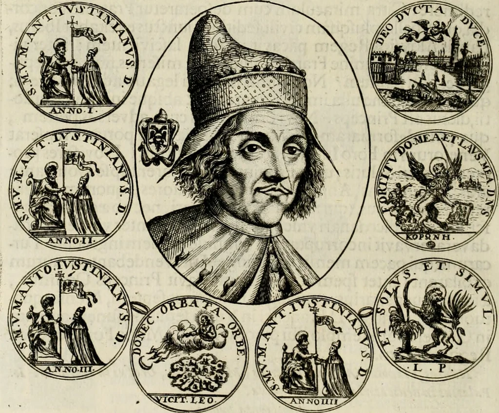 An illustration from Fasti ducales ab Anafesto I. ad Silvestrum Valerium Venetorum ducem : cum eorum iconibus, insignibus, nummismatibus publicis, & privatis aere sculptis : inscriptionibus ex aula M. Consilii, ac sepulchralibus : adiectae sunt adnotationes, ad vitam cuiusque principis, rerum, quae omissae fuerant, 1696, leaf 303