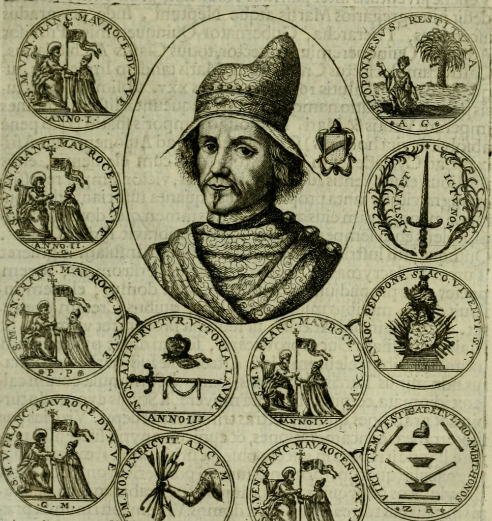 An illustration from Fasti ducales ab Anafesto I. ad Silvestrum Valerium Venetorum ducem : cum eorum iconibus, insignibus, nummismatibus publicis, & privatis aere sculptis : inscriptionibus ex aula M. Consilii, ac sepulchralibus : adiectae sunt adnotationes, ad vitam cuiusque principis, rerum, quae omissae fuerant, 1696, leaf 326