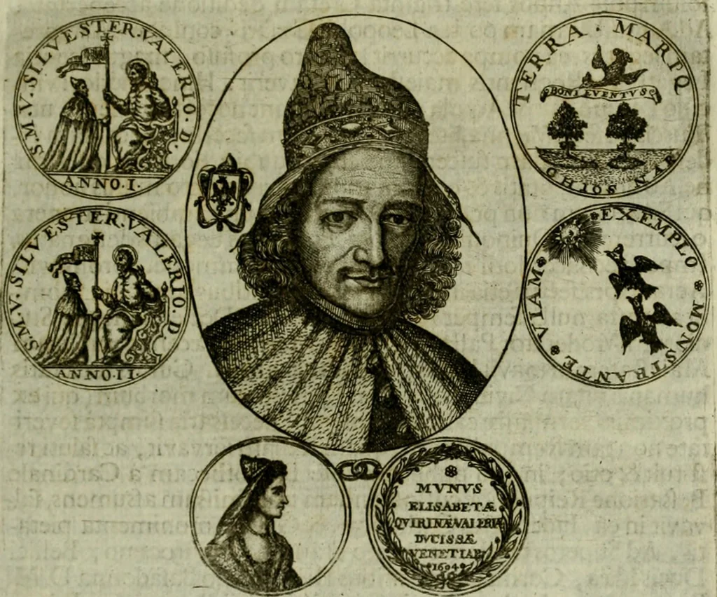 An illustration from Fasti ducales ab Anafesto I. ad Silvestrum Valerium Venetorum ducem : cum eorum iconibus, insignibus, nummismatibus publicis, & privatis aere sculptis : inscriptionibus ex aula M. Consilii, ac sepulchralibus : adiectae sunt adnotationes, ad vitam cuiusque principis, rerum, quae omissae fuerant, 1696, leaf 338