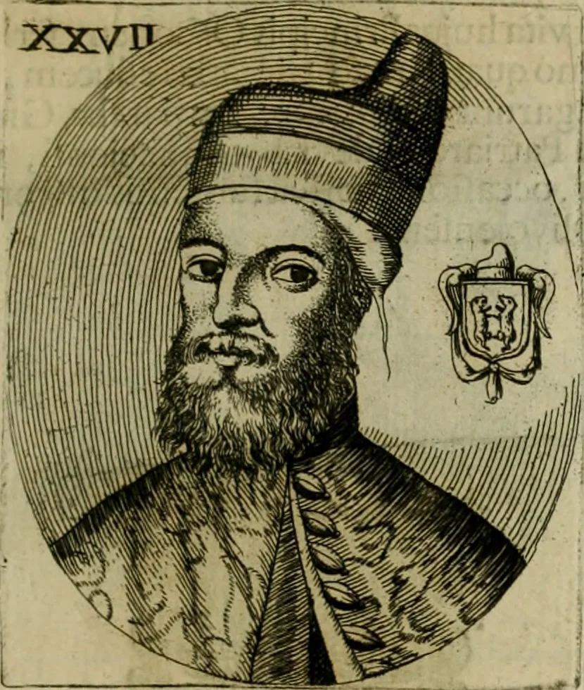 An illustration from Fasti ducales ab Anafesto I. ad Silvestrum Valerium Venetorum ducem : cum eorum iconibus, insignibus, nummismatibus publicis, & privatis aere sculptis : inscriptionibus ex aula M. Consilii, ac sepulchralibus : adiectae sunt adnotationes, ad vitam cuiusque principis, rerum, quae omissae fuerant, 1696, leaf 66