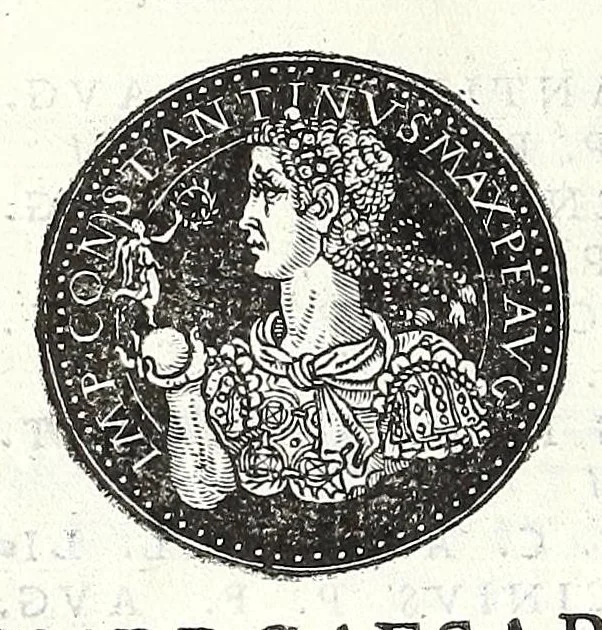 An illustration from Fasti et trivmphi Rom. a Romvlo rege vsqve ad Carolvm V. Caes. Aug., sive, Epitome regum, consulum, dictatorum, magistror. equitum, tribunorum militum consulari potestate, censorum, impp. & aliorum magistratuum Roman. cum orientalium tum occidentalium, ex antiquitatum monumentis maxima cum fide ac diligentia desumpta, 1557, leaf 118