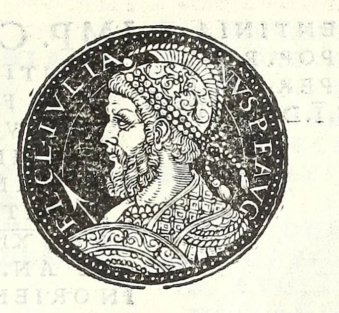 An illustration from Fasti et trivmphi Rom. a Romvlo rege vsqve ad Carolvm V. Caes. Aug., sive, Epitome regum, consulum, dictatorum, magistror. equitum, tribunorum militum consulari potestate, censorum, impp. & aliorum magistratuum Roman. cum orientalium tum occidentalium, ex antiquitatum monumentis maxima cum fide ac diligentia desumpta, 1557, leaf 129