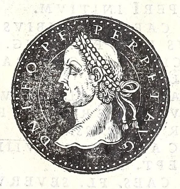 An illustration from Fasti et trivmphi Rom. a Romvlo rege vsqve ad Carolvm V. Caes. Aug., sive, Epitome regum, consulum, dictatorum, magistror. equitum, tribunorum militum consulari potestate, censorum, impp. & aliorum magistratuum Roman. cum orientalium tum occidentalium, ex antiquitatum monumentis maxima cum fide ac diligentia desumpta, 1557, leaf 141