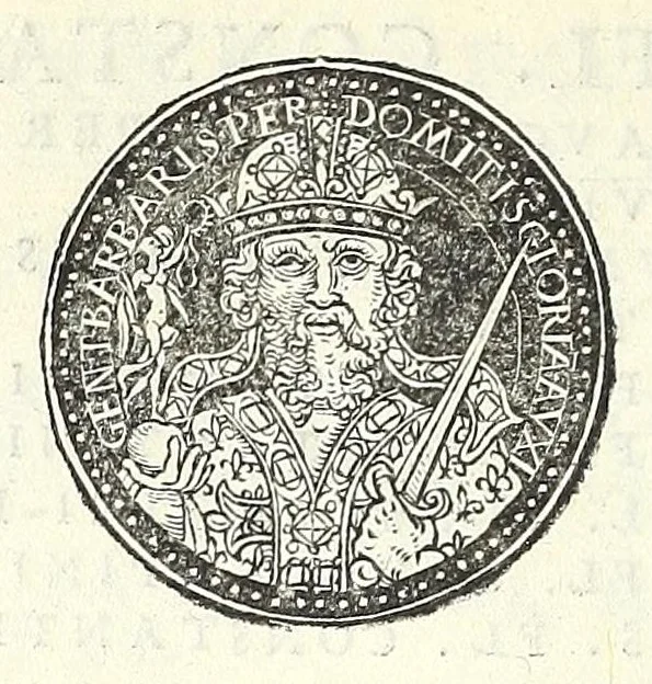 An illustration from Fasti et trivmphi Rom. a Romvlo rege vsqve ad Carolvm V. Caes. Aug., sive, Epitome regum, consulum, dictatorum, magistror. equitum, tribunorum militum consulari potestate, censorum, impp. & aliorum magistratuum Roman. cum orientalium tum occidentalium, ex antiquitatum monumentis maxima cum fide ac diligentia desumpta, 1557, leaf 172