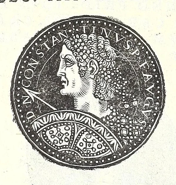 An illustration from Fasti et trivmphi Rom. a Romvlo rege vsqve ad Carolvm V. Caes. Aug., sive, Epitome regum, consulum, dictatorum, magistror. equitum, tribunorum militum consulari potestate, censorum, impp. & aliorum magistratuum Roman. cum orientalium tum occidentalium, ex antiquitatum monumentis maxima cum fide ac diligentia desumpta, 1557, leaf 180