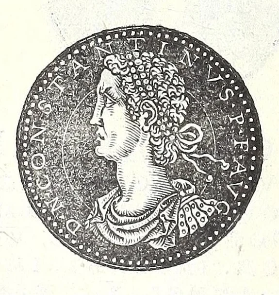 An illustration from Fasti et trivmphi Rom. a Romvlo rege vsqve ad Carolvm V. Caes. Aug., sive, Epitome regum, consulum, dictatorum, magistror. equitum, tribunorum militum consulari potestate, censorum, impp. & aliorum magistratuum Roman. cum orientalium tum occidentalium, ex antiquitatum monumentis maxima cum fide ac diligentia desumpta, 1557, leaf 180