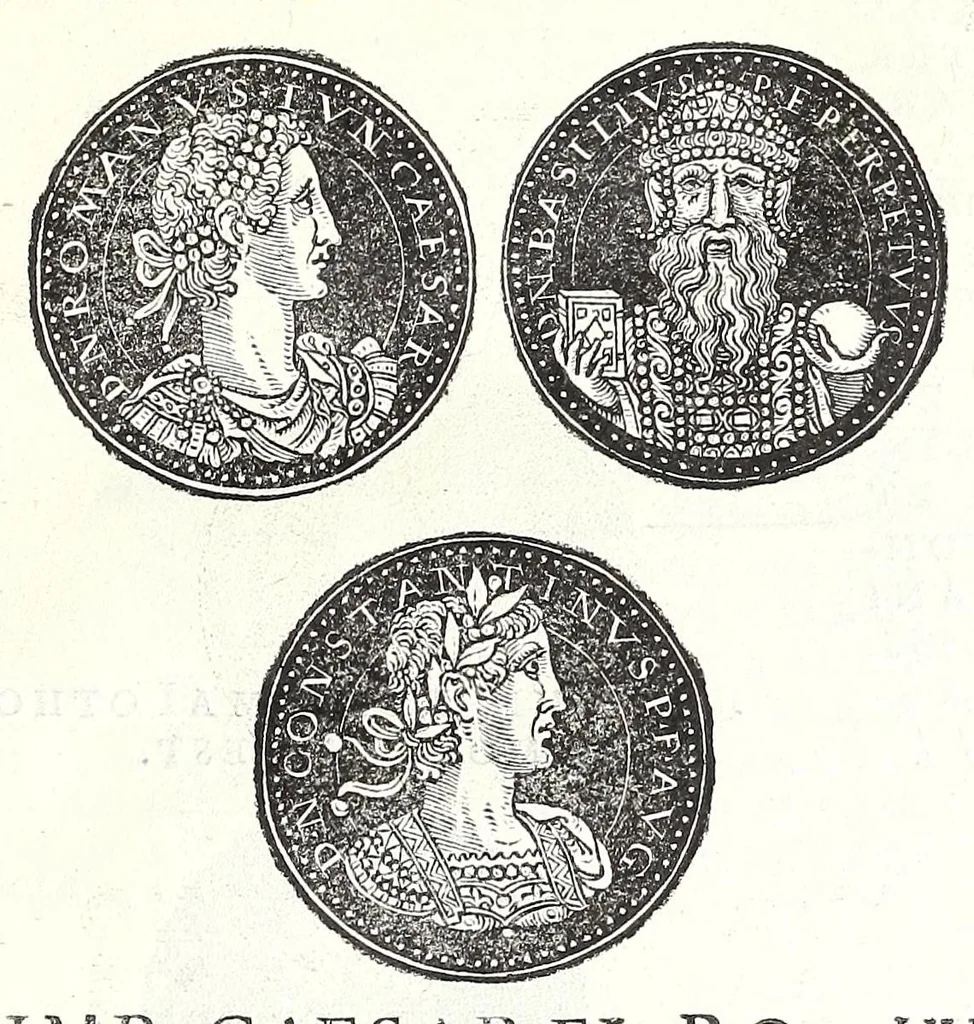 An illustration from Fasti et trivmphi Rom. a Romvlo rege vsqve ad Carolvm V. Caes. Aug., sive, Epitome regum, consulum, dictatorum, magistror. equitum, tribunorum militum consulari potestate, censorum, impp. & aliorum magistratuum Roman. cum orientalium tum occidentalium, ex antiquitatum monumentis maxima cum fide ac diligentia desumpta, 1557, leaf 183