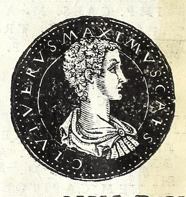An illustration from Fasti et trivmphi Rom. a Romvlo rege vsqve ad Carolvm V. Caes. Aug., sive, Epitome regum, consulum, dictatorum, magistror. equitum, tribunorum militum consulari potestate, censorum, impp. & aliorum magistratuum Roman. cum orientalium tum occidentalium, ex antiquitatum monumentis maxima cum fide ac diligentia desumpta, 1557, leaf 94